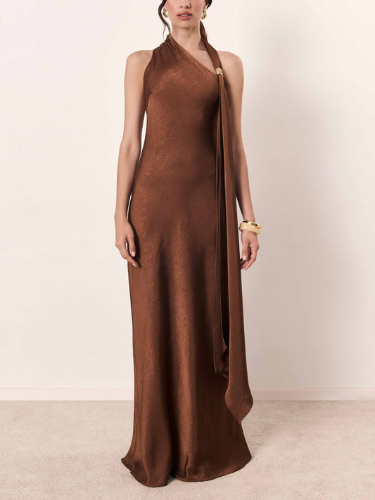 Elegant long dress with one shoulder and open back