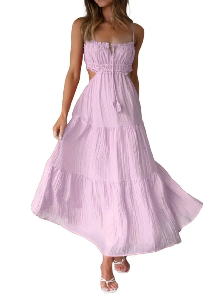 Sleeveless maxi dress with seams and ruffles