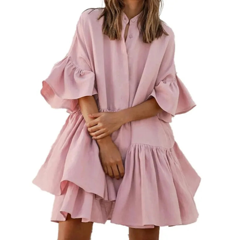 LD Casual monochromatic dresses with V-neck and pastel-colored skirt