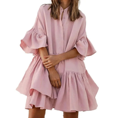 LD Casual monochromatic dresses with V-neck and pastel-colored skirt