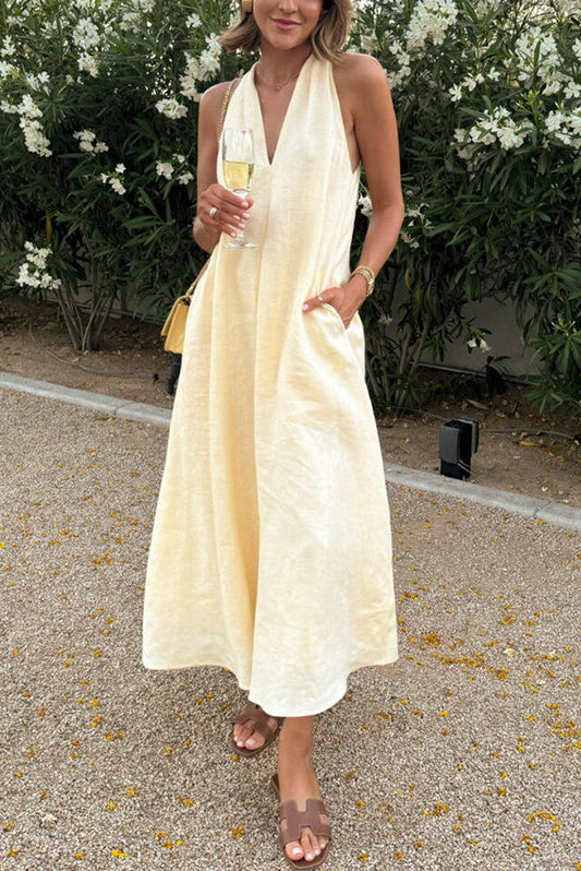 LD A-line midi dress with twisted back from linen blend