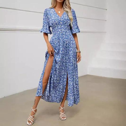 Women's V-neck short-sleeved printed blue dress, summer holiday