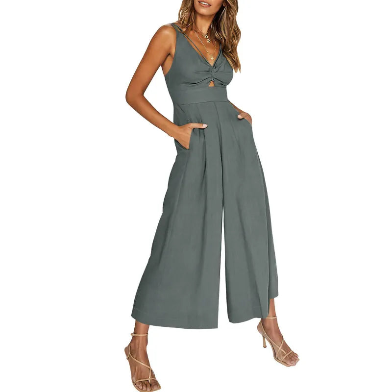 LD 2024 new jumpsuits with V-neck and wide legs