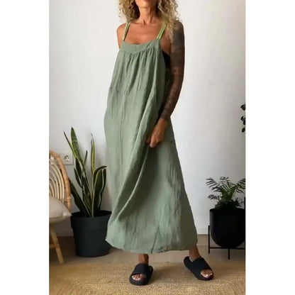 LD Long chambray dress with pockets and contrasting straps in beau blue
