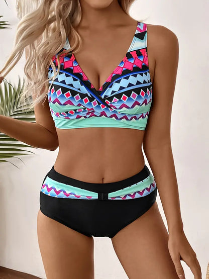 Fashionable and chic bikini with random print and V-neckline