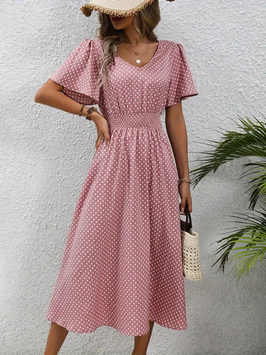 Dress with all-over print and rounded waist, casual dress with short sleeves