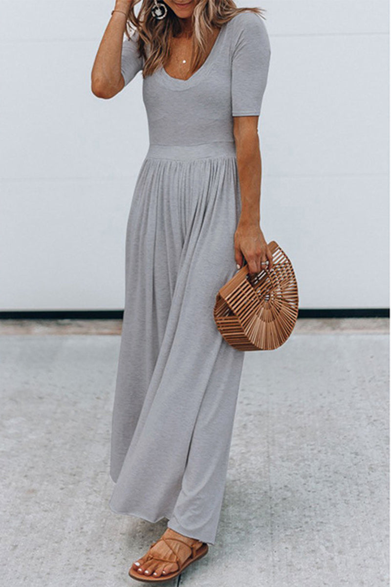 round neck short sleeve long jumpsuit with high waist