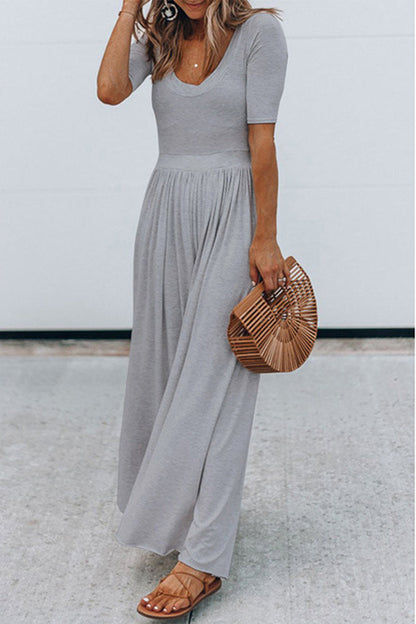 round neck short sleeve long jumpsuit with high waist