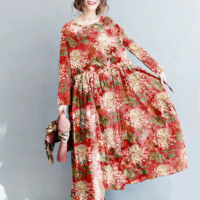 Mc | fashionable floral linen long dress