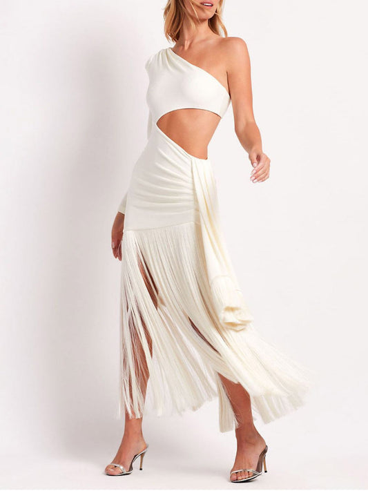 Asymmetrical long dress with side slit and fringe details