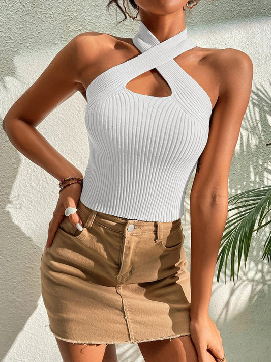 Anny Ribbed Knit Halter Top with Heart Cross