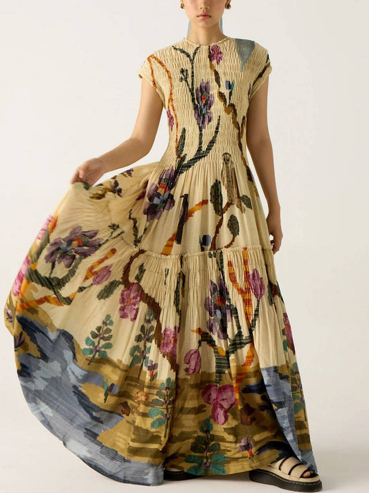 Long flowing dress with art print and short sleeves