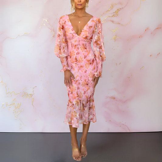 Midi dress with floral pattern, V-neck and long puff sleeves