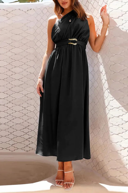 Elegant evening dresses with a sloping neckline and solid metallic accessory embellishments