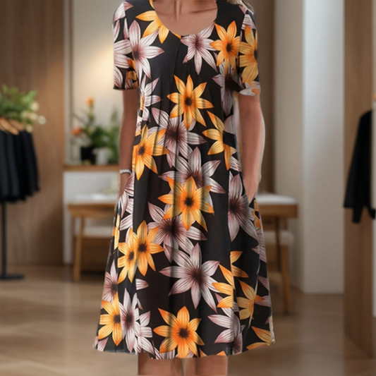 LD Wide dress with round neck, three-quarter sleeves and print pattern