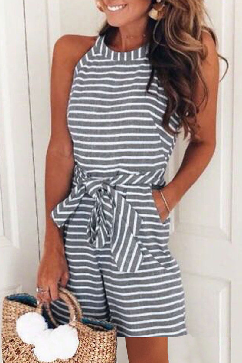 Casual Patchwork Bandage with Belt O Neck Loose Jumpsuits (5 Colors)