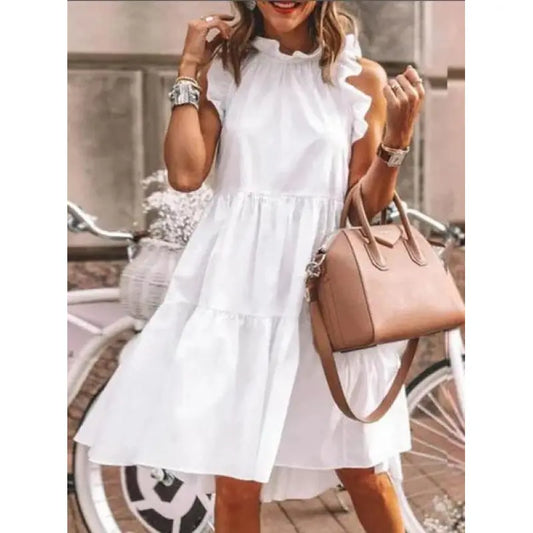 Fashion Sweet plain with mixed ruffles, A-line dress with round neckline