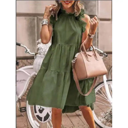 Fashion Sweet plain with mixed ruffles, A-line dress with round neckline