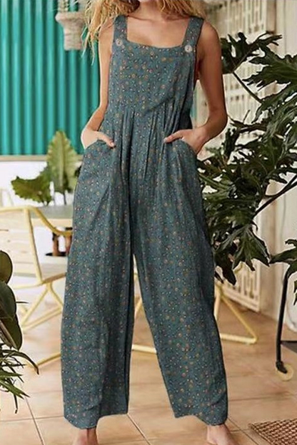 Casual Floral Split Joint Pocket Square Collar Regular Jumpsuits
