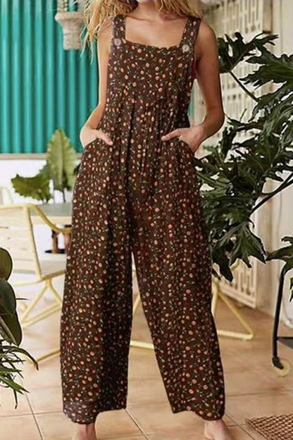 Casual Floral Split Joint Pocket Square Collar Regular Jumpsuits
