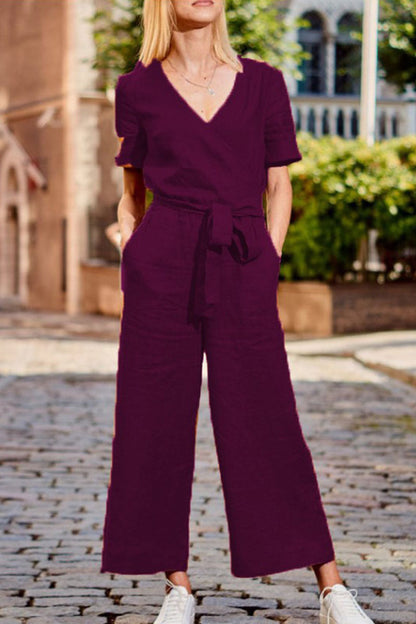 Casual solid patchwork V neck loose jumpsuits (3 colors)