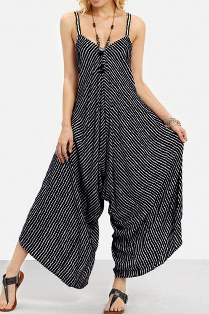 LD Fashion Casual Striped Patchwork Spaghetti Strap Loose Jumpsuits