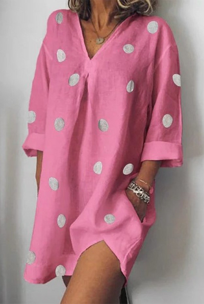 LP | Casual patchwork dresses with polka dots, slit and V-neckline