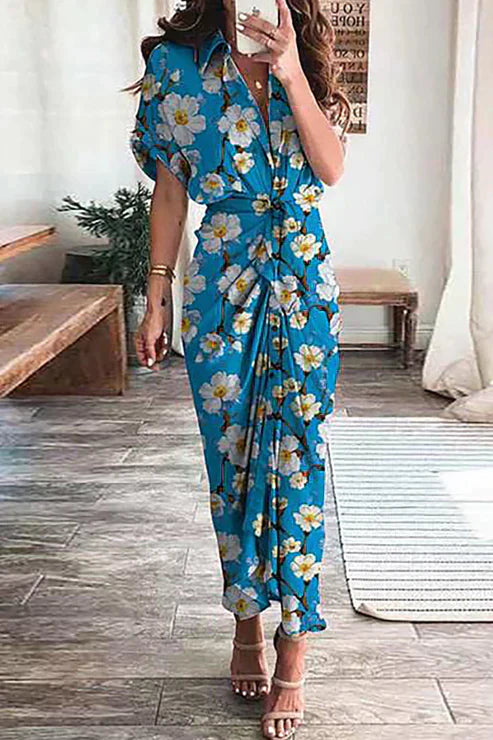 Mc | Joahann -Elegant printed dresses with frenulum buckle and pencil cut