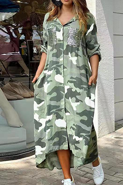 LP | casual print, camouflage print, shirt dress, sequin and buckle dress, collar