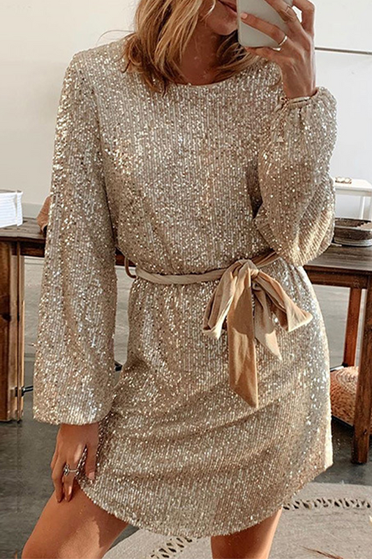 LP | Elegant monochrome dress with belt and sequins, O-neckline and A-line