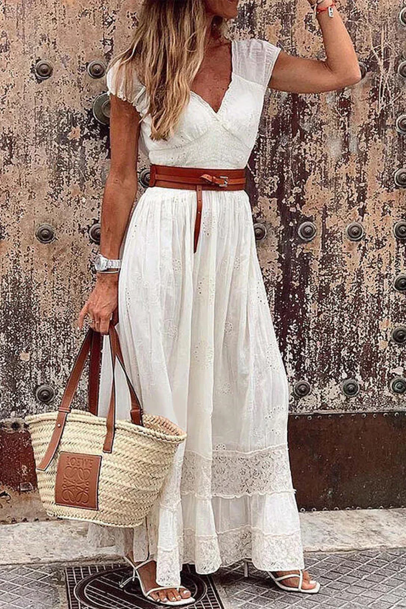 Casual Solid Patchwork V-Neck Waist Skirt Dresses