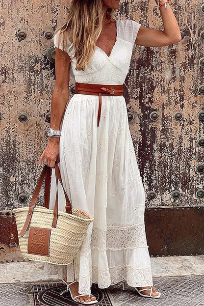 Casual Solid Patchwork V-Neck Waist Skirt Dresses