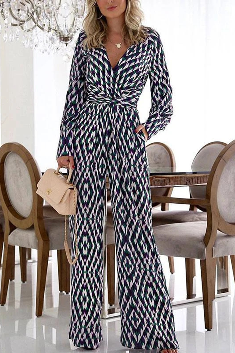Casual Print Patchwork V-Neck Boot Cut Jumpsuits