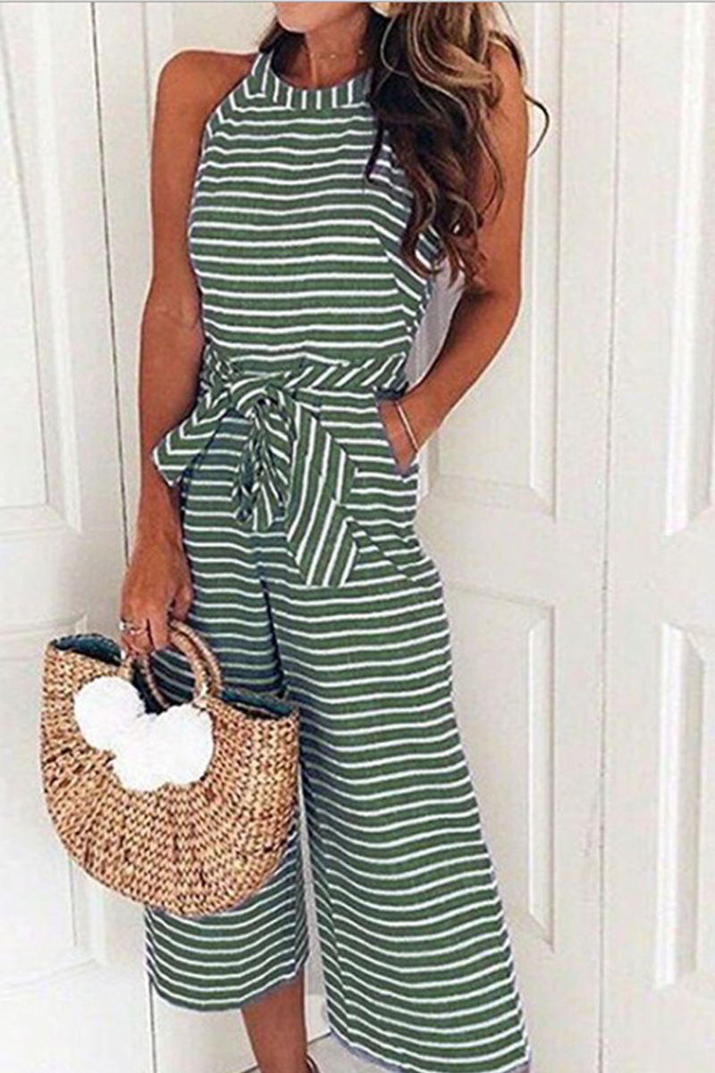 Casual striped patchwork O-neck loose jumpsuits (5 colors)