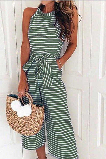 Casual striped patchwork O-neck loose jumpsuits (5 colors)