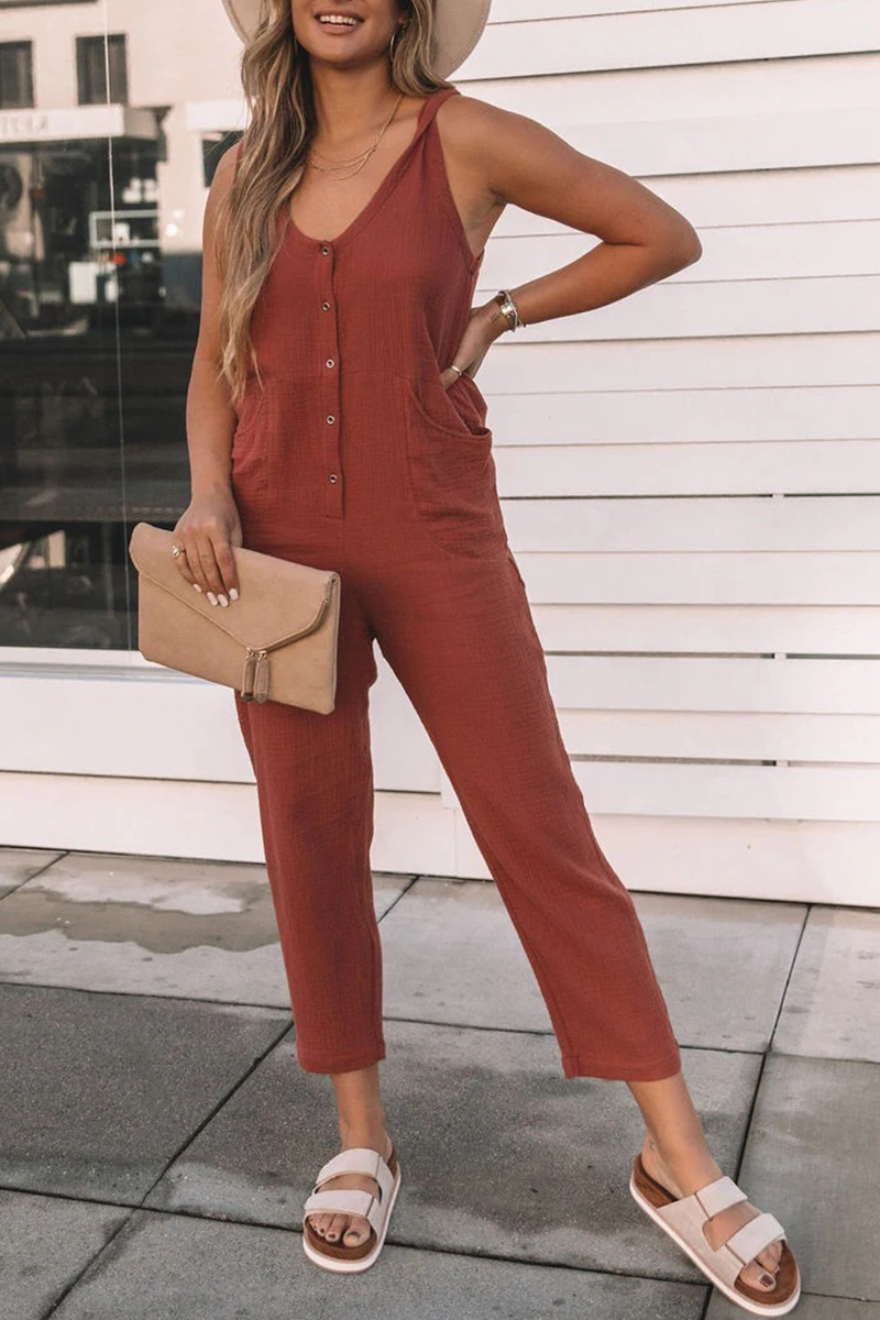Casual plain patchwork U-neck straight jumpsuits