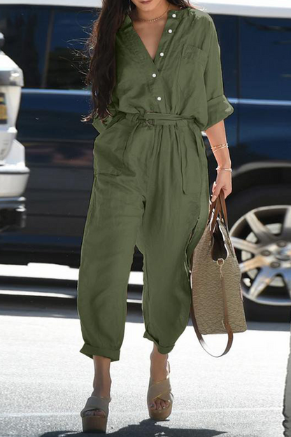 LD Casual Solid Patchwork V Neck Harlan Jumpsuits (3 Colors)