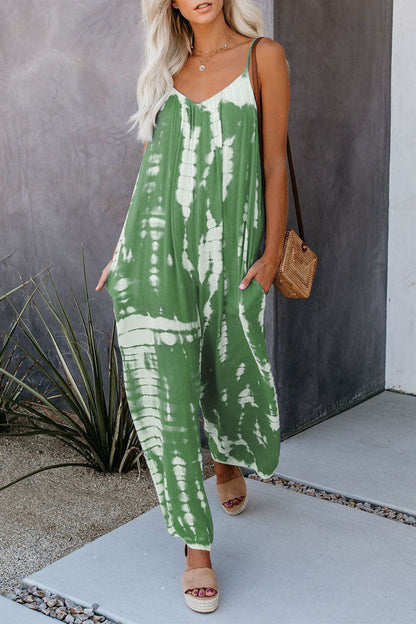 LD Casual Patchwork Tie-dye Spaghetti Strap Straight Jumpsuits (10 colors)