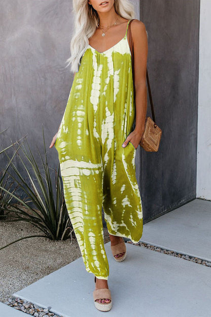 Casual Patchwork Tie-dye Spaghetti Strap Straight Jumpsuits (10 colors)