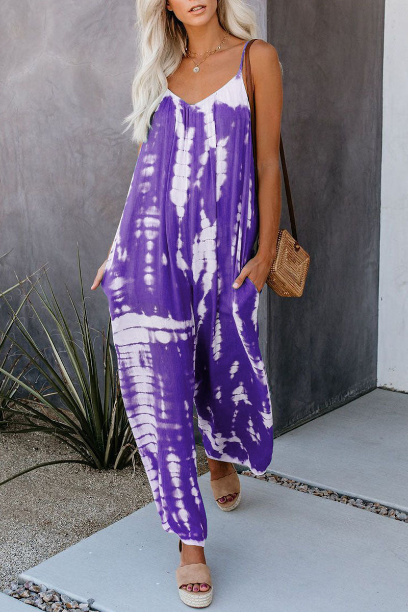 Casual Patchwork Tie-dye Spaghetti Strap Straight Jumpsuits (10 colors)