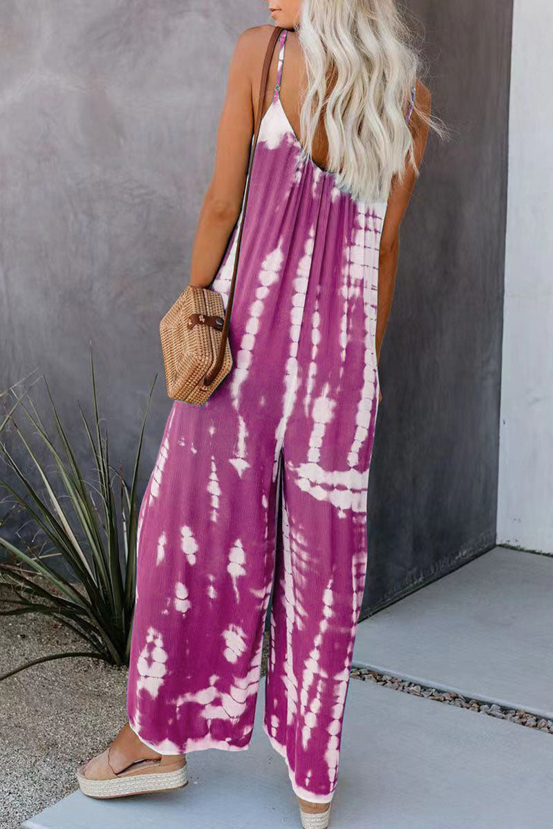 LD Casual Patchwork Tie-dye Spaghetti Strap Straight Jumpsuits (10 colors)