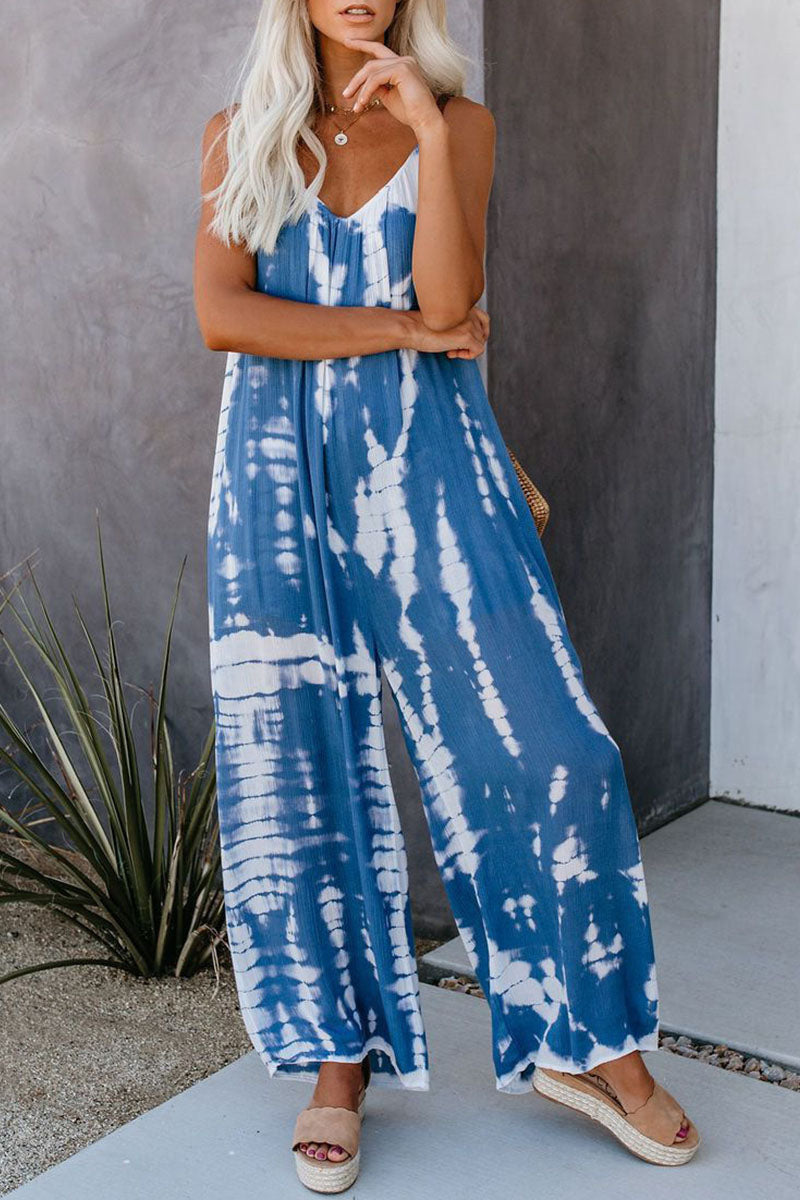 LD Casual Patchwork Tie-dye Spaghetti Strap Straight Jumpsuits (10 colors)