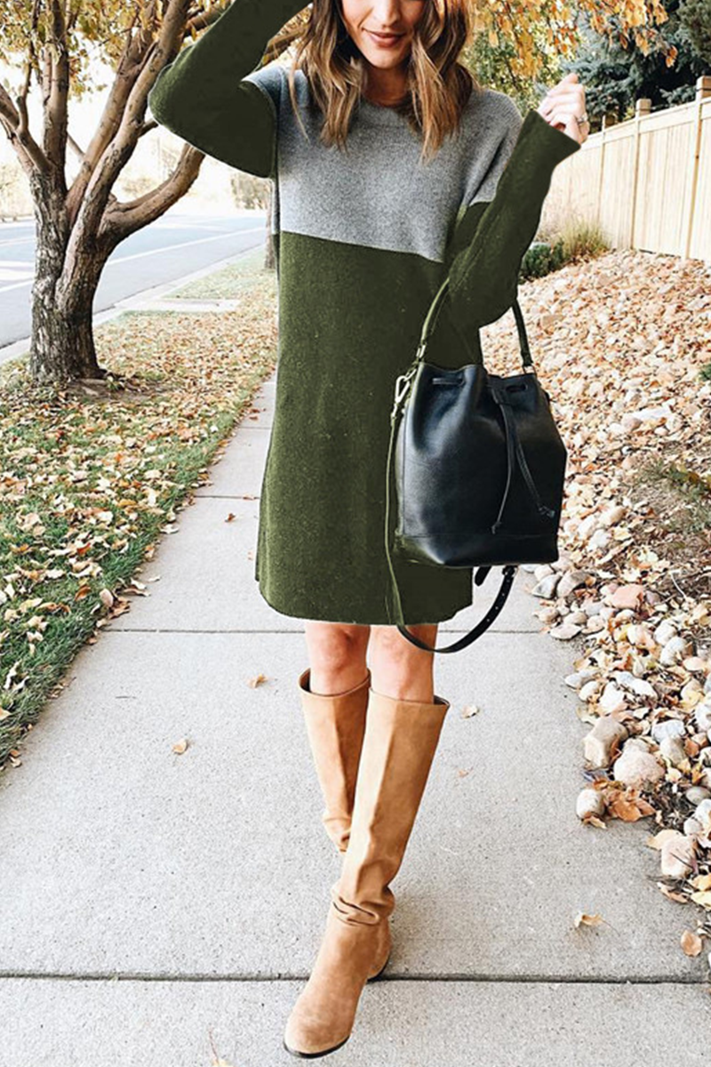 LP | Fashion Simple patchwork dresses with round neckline and long sleeves