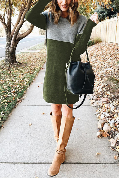 LP | Fashion Simple patchwork dresses with round neckline and long sleeves