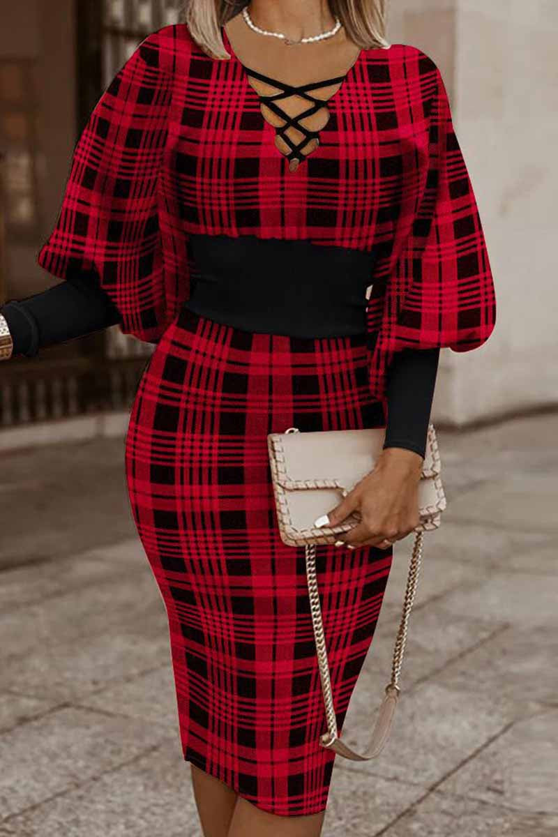 LP | Casual patchwork dresses with print, v-neck and long sleeves