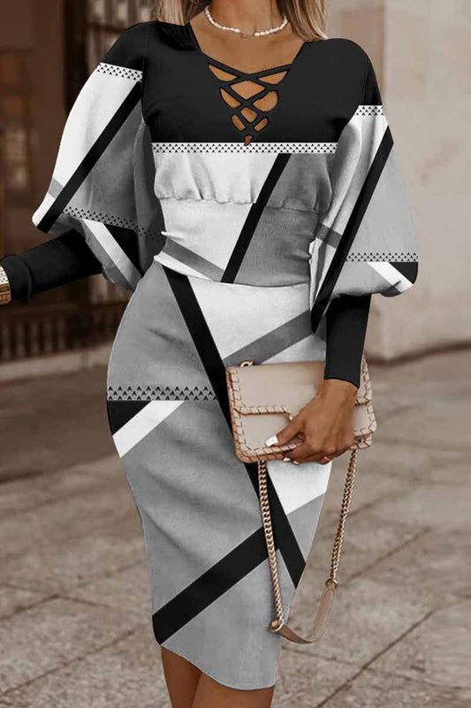 LP | Casual patchwork dresses with print, v-neck and long sleeves