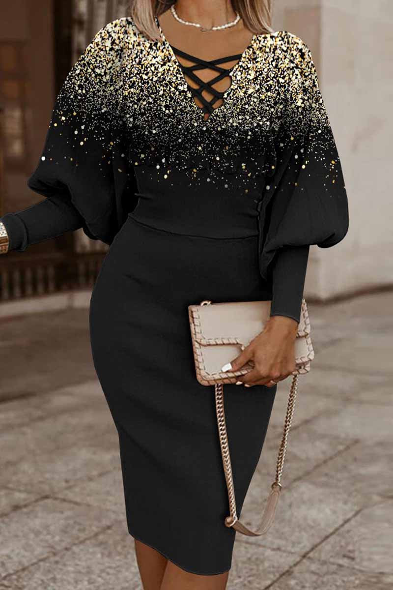 LP | Casual patchwork dresses with print, v-neck and long sleeves