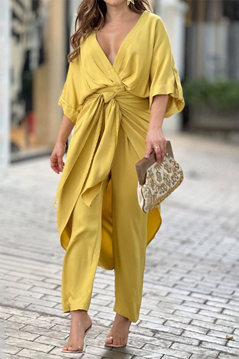 Casual Solid Frenulum V Neck Regular Jumpsuits (3 colors)