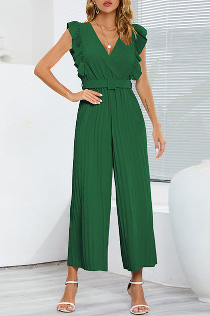 Casual simplicity solid with belt V-neck regular jumpsuits
