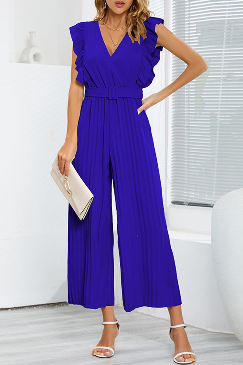 Casual simplicity solid with belt V-neck regular jumpsuits